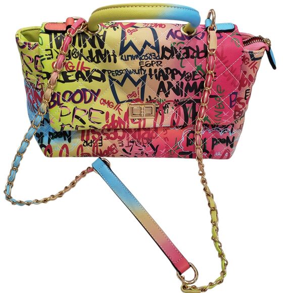 Colorful Graffiti Quilted Shoulder Purse / Satchel, Approx. 12 x 7 x 5